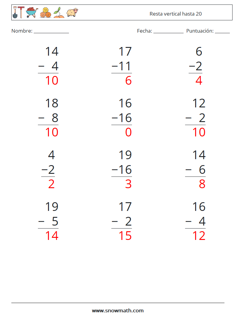 (12) Resta vertical hasta 20 Hojas de trabajo de matemáticas 17 Pregunta, respuesta