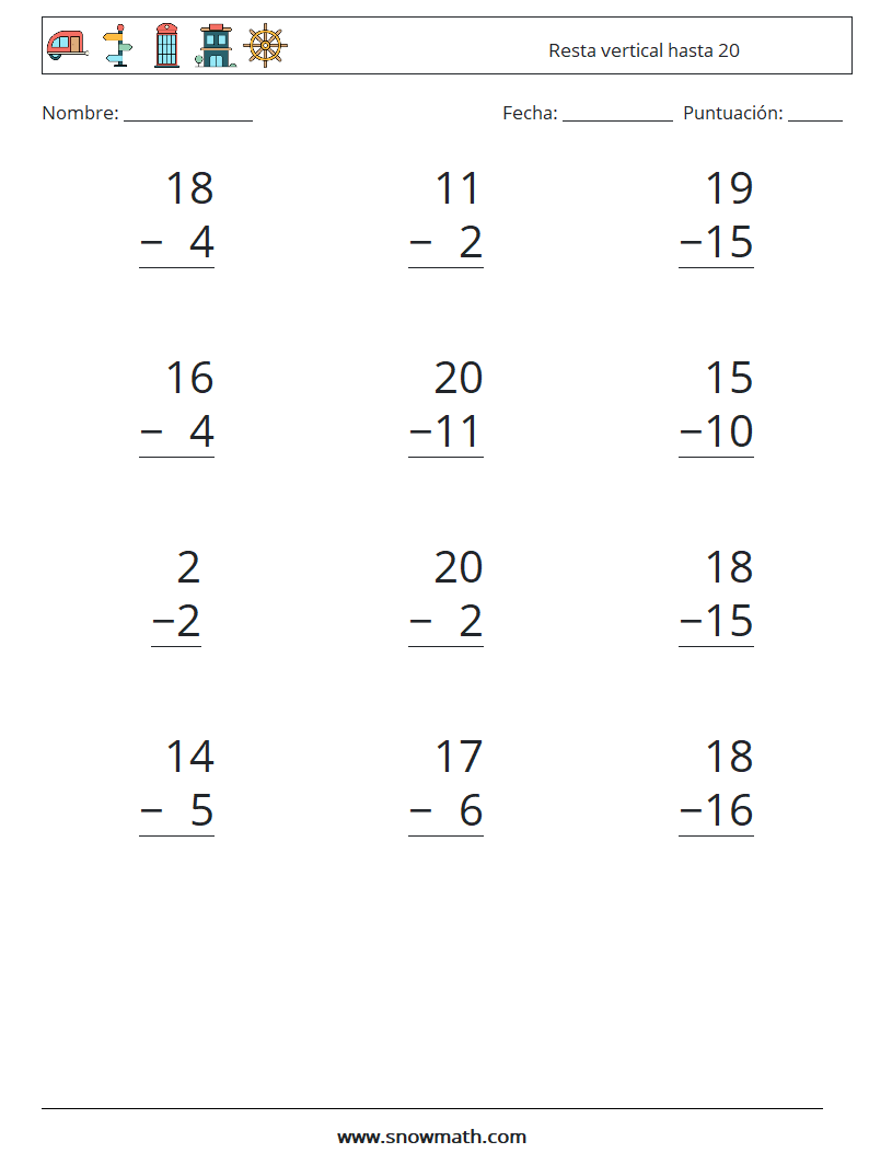 (12) Resta vertical hasta 20 Hojas de trabajo de matemáticas 18