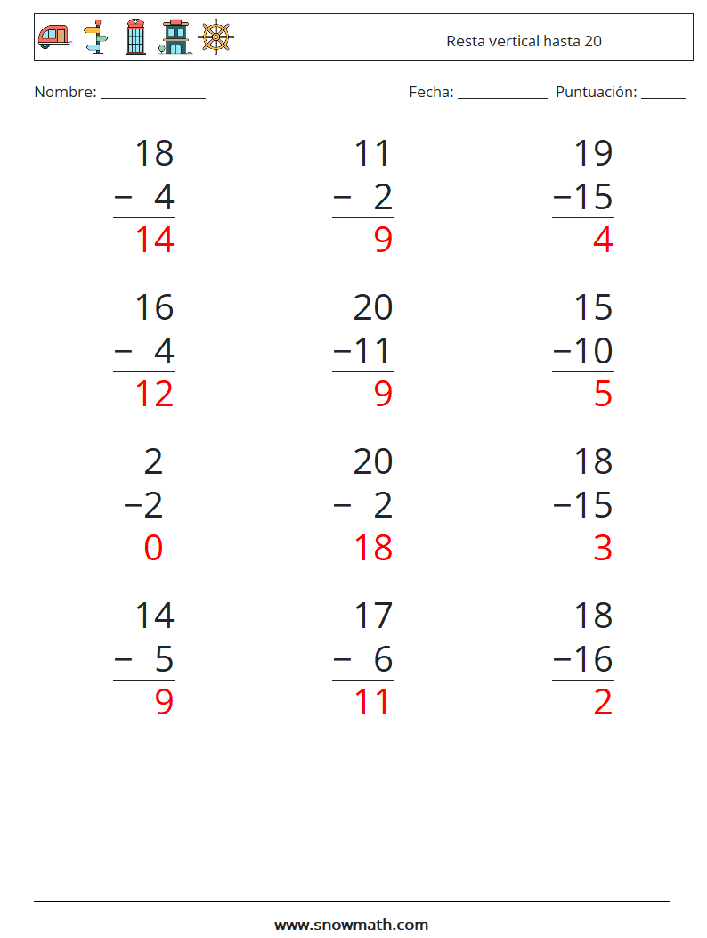 (12) Resta vertical hasta 20 Hojas de trabajo de matemáticas 18 Pregunta, respuesta