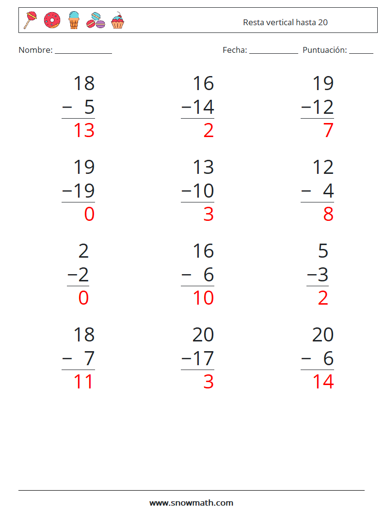 (12) Resta vertical hasta 20 Hojas de trabajo de matemáticas 1 Pregunta, respuesta