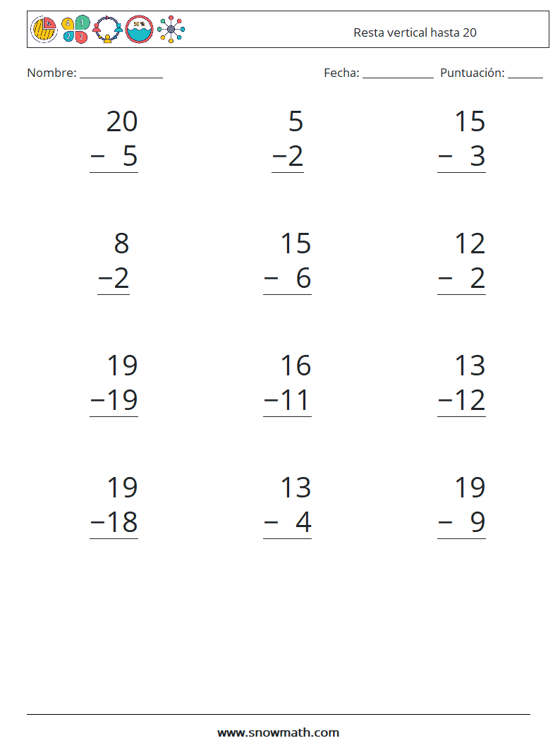 (12) Resta vertical hasta 20 Hojas de trabajo de matemáticas 2