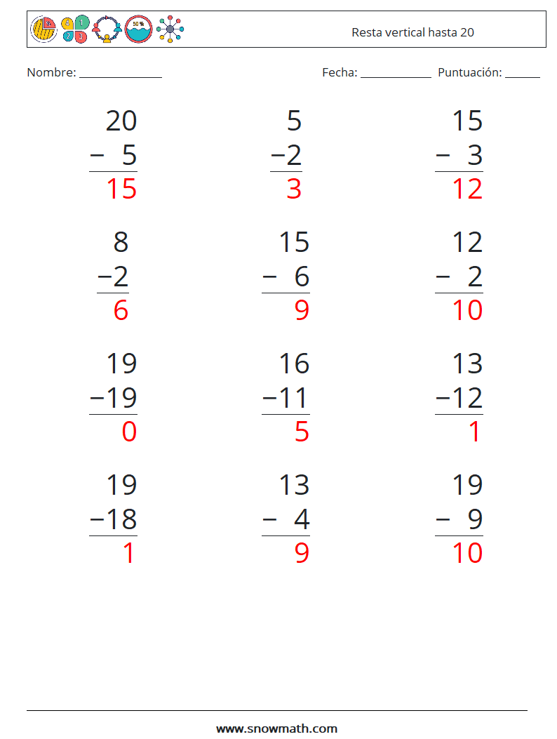 (12) Resta vertical hasta 20 Hojas de trabajo de matemáticas 2 Pregunta, respuesta