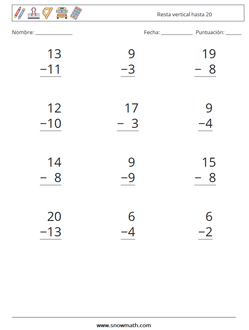 (12) Resta vertical hasta 20 Hojas de trabajo de matemáticas 3