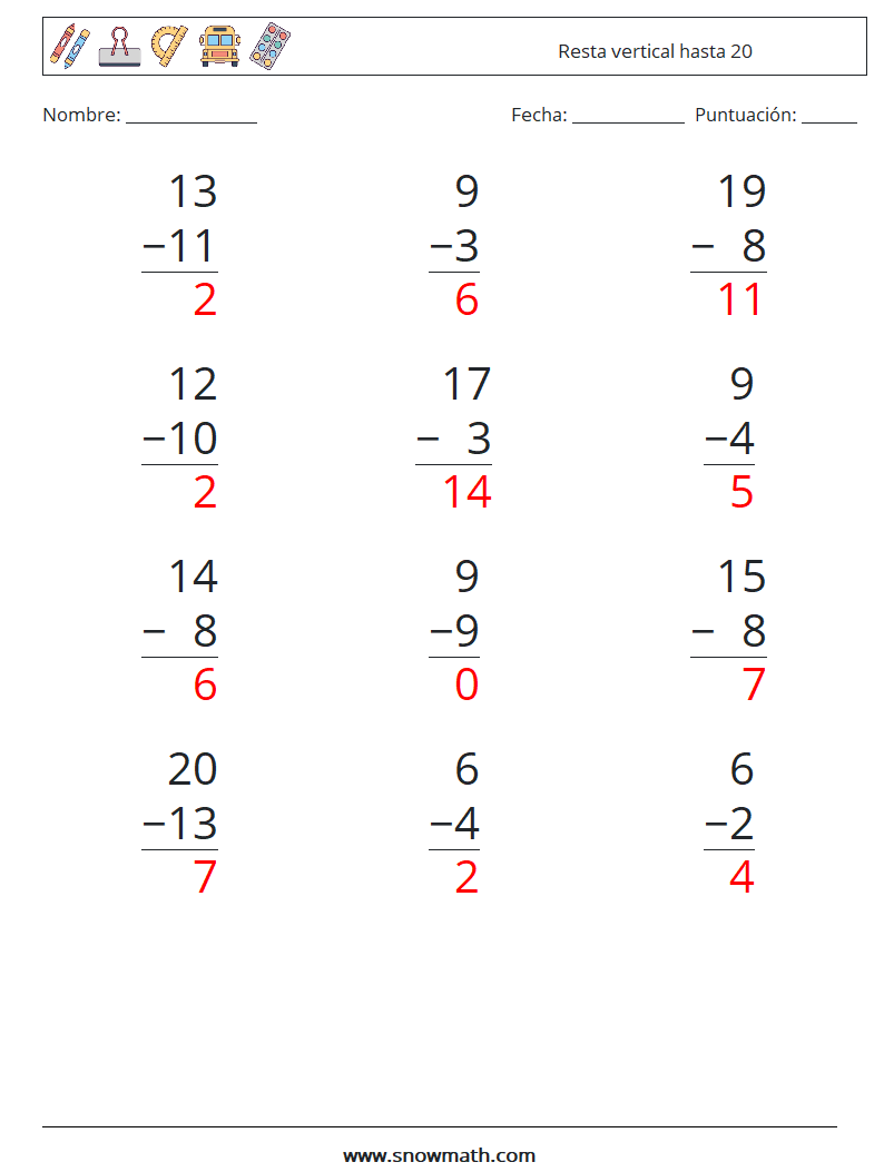 (12) Resta vertical hasta 20 Hojas de trabajo de matemáticas 3 Pregunta, respuesta