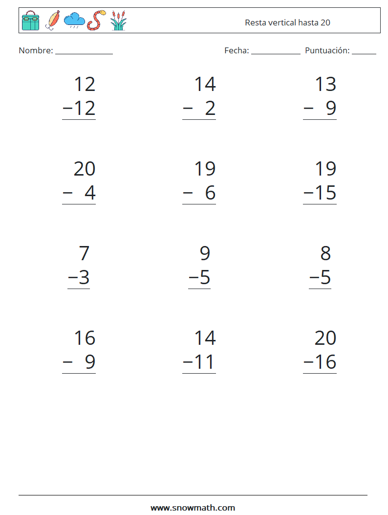 (12) Resta vertical hasta 20 Hojas de trabajo de matemáticas 4