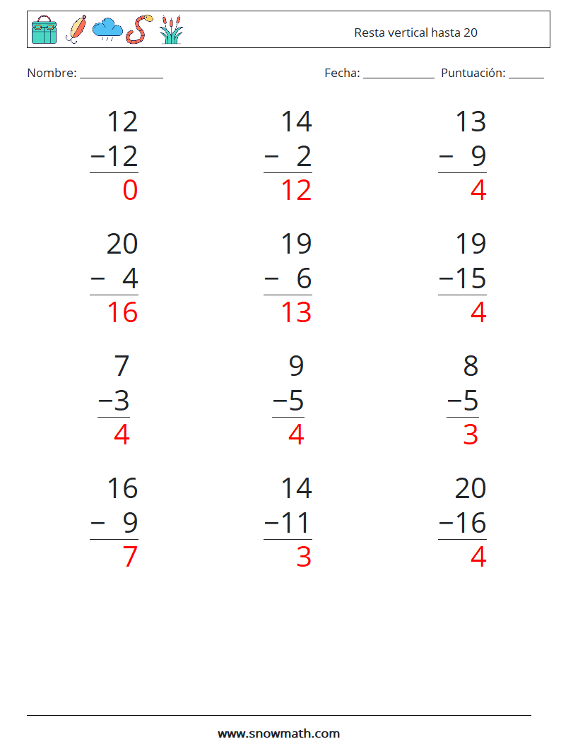 (12) Resta vertical hasta 20 Hojas de trabajo de matemáticas 4 Pregunta, respuesta