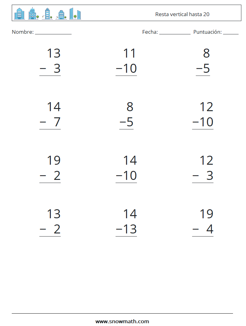 (12) Resta vertical hasta 20 Hojas de trabajo de matemáticas 5