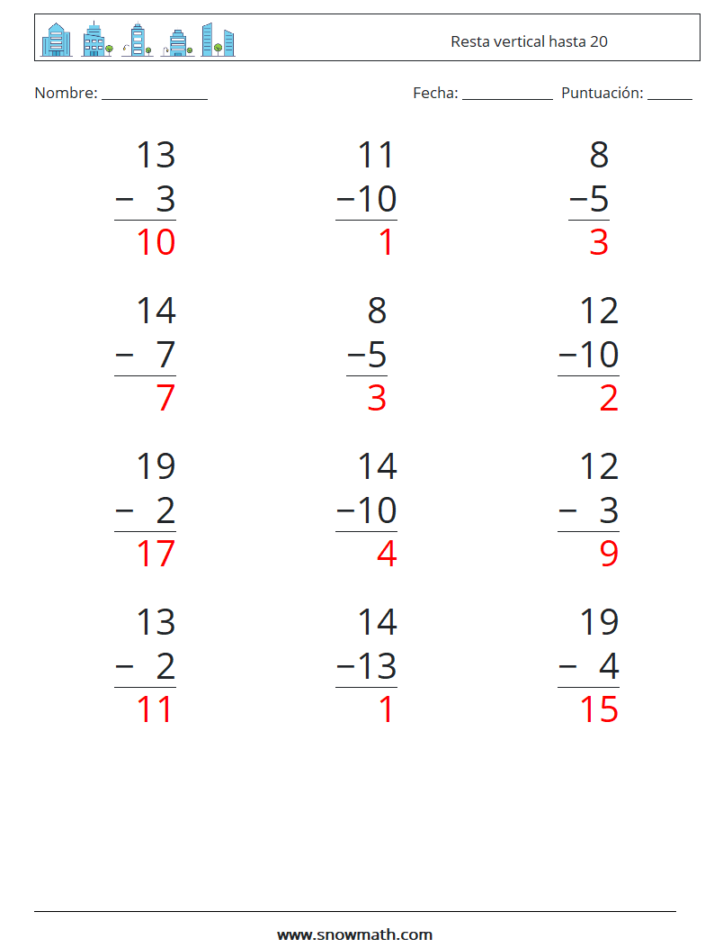 (12) Resta vertical hasta 20 Hojas de trabajo de matemáticas 5 Pregunta, respuesta