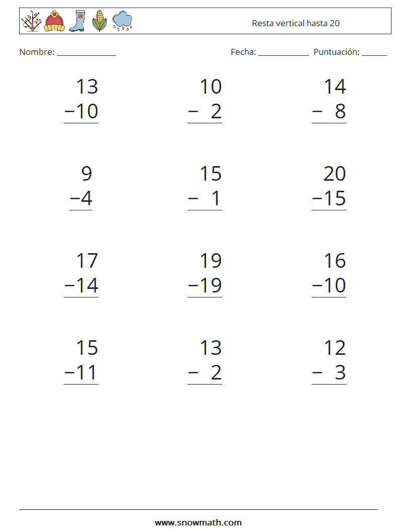 (12) Resta vertical hasta 20 Hojas de trabajo de matemáticas 6