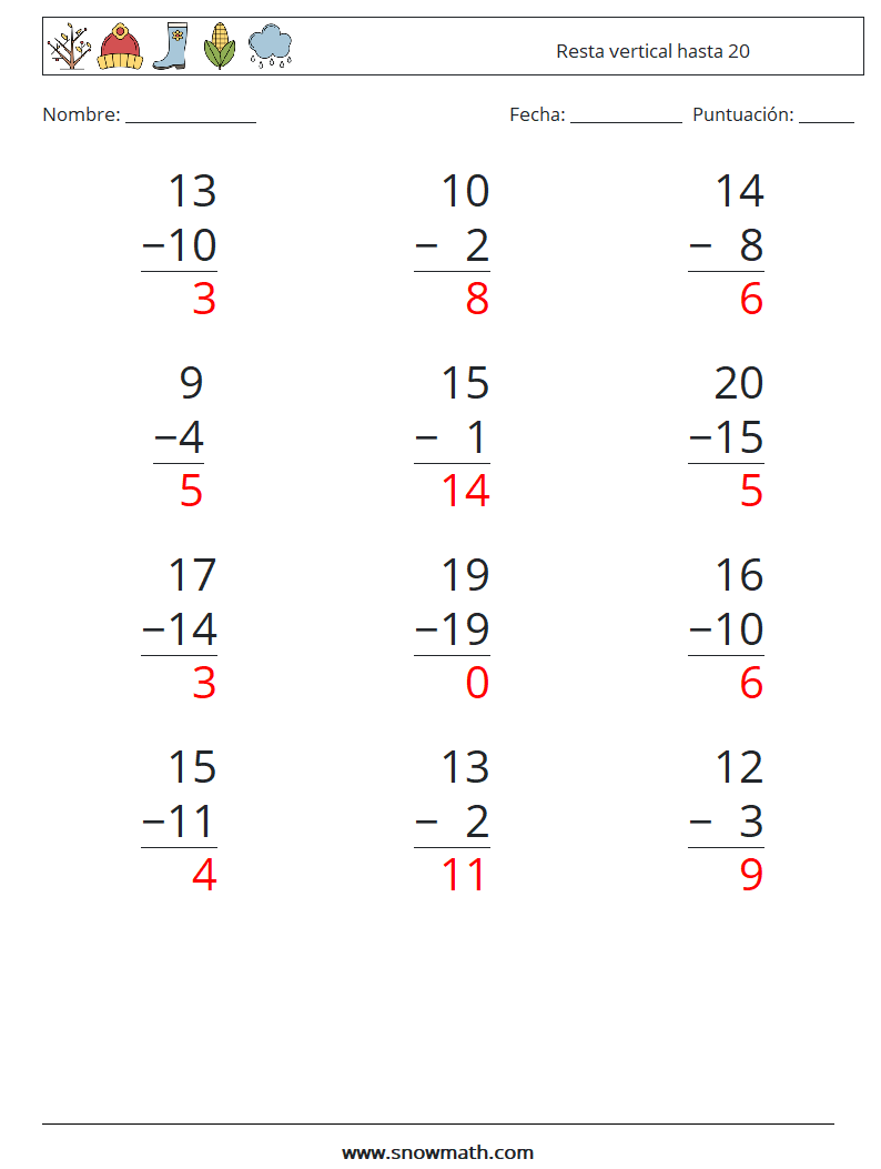 (12) Resta vertical hasta 20 Hojas de trabajo de matemáticas 6 Pregunta, respuesta