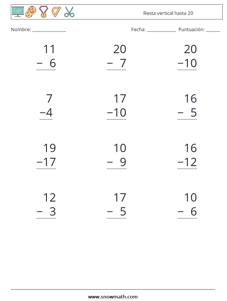 (12) Resta vertical hasta 20 Hojas de trabajo de matemáticas 7