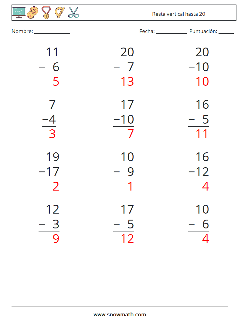 (12) Resta vertical hasta 20 Hojas de trabajo de matemáticas 7 Pregunta, respuesta