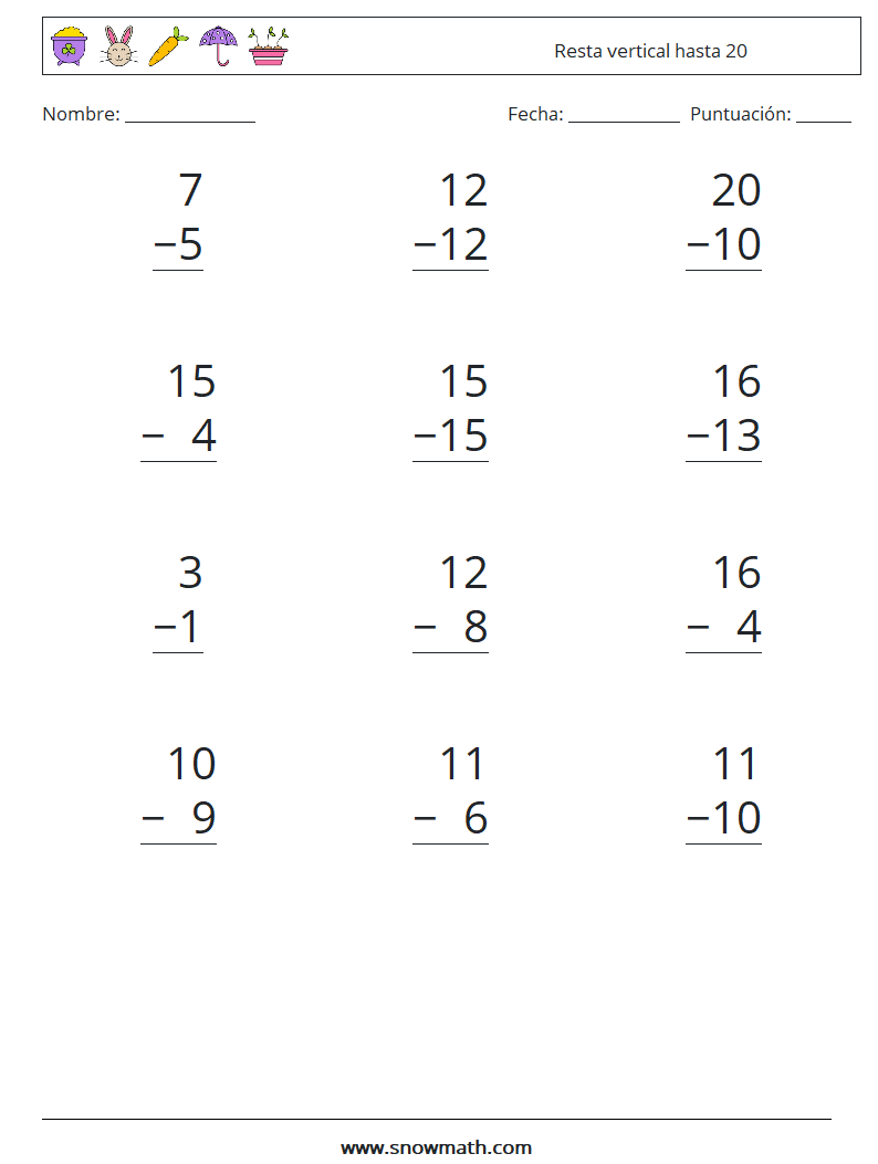 (12) Resta vertical hasta 20 Hojas de trabajo de matemáticas 8