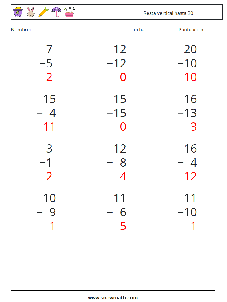 (12) Resta vertical hasta 20 Hojas de trabajo de matemáticas 8 Pregunta, respuesta
