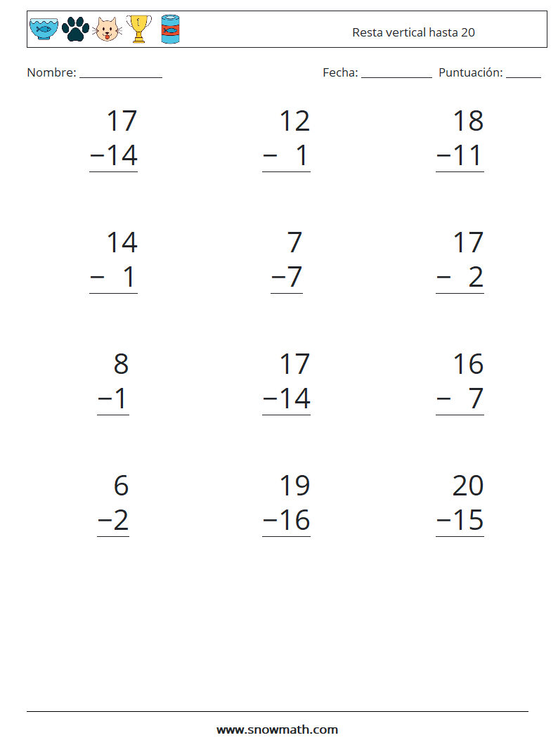 (12) Resta vertical hasta 20 Hojas de trabajo de matemáticas 9