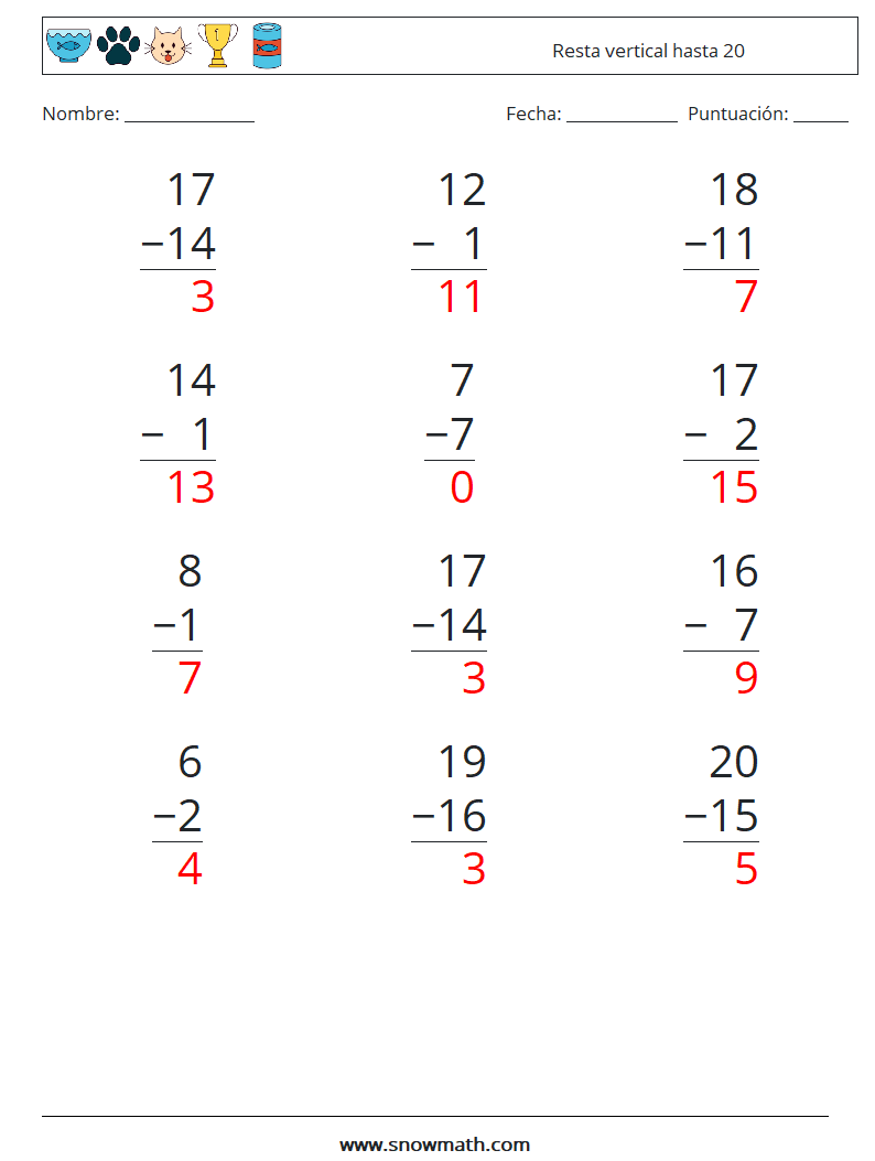 (12) Resta vertical hasta 20 Hojas de trabajo de matemáticas 9 Pregunta, respuesta