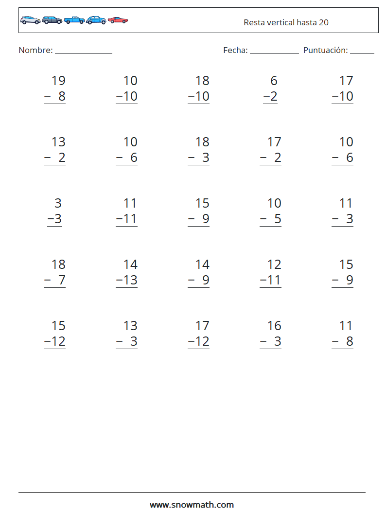 (25) Resta vertical hasta 20 Hojas de trabajo de matemáticas 1