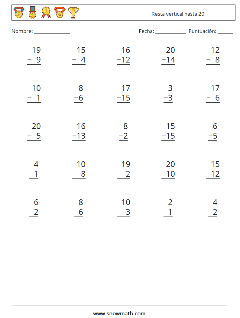 (25) Resta vertical hasta 20 Hojas de trabajo de matemáticas 12