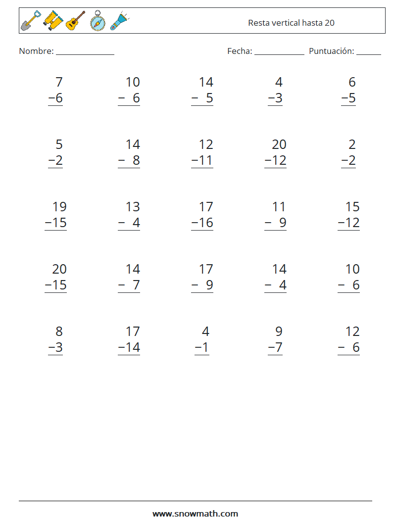 (25) Resta vertical hasta 20 Hojas de trabajo de matemáticas 13