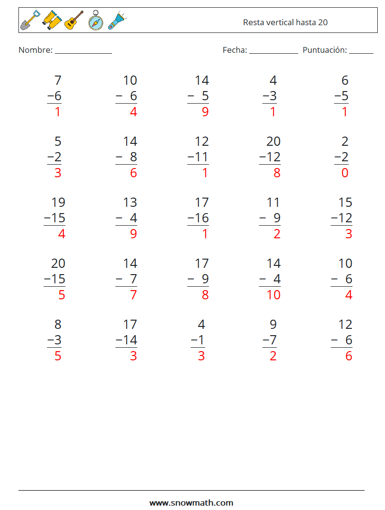 (25) Resta vertical hasta 20 Hojas de trabajo de matemáticas 13 Pregunta, respuesta