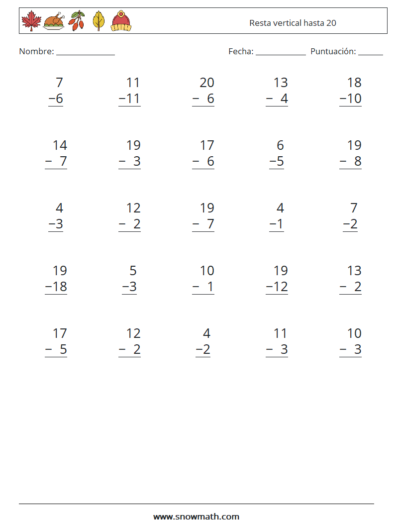 (25) Resta vertical hasta 20 Hojas de trabajo de matemáticas 16