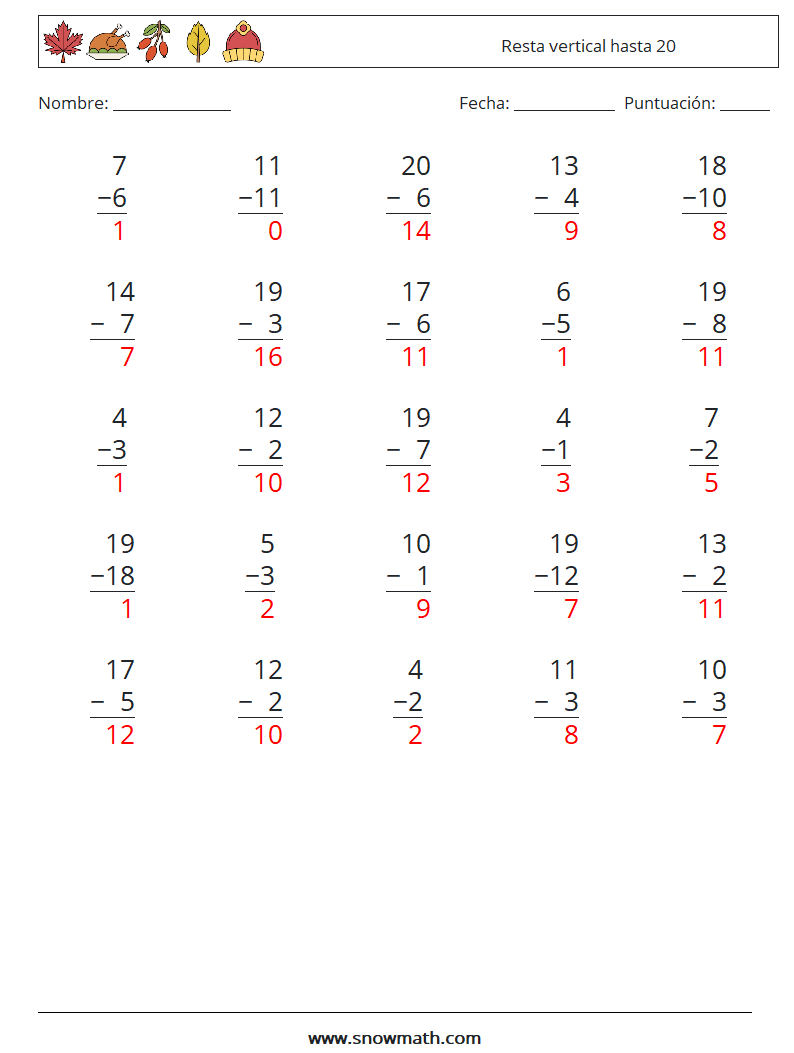 (25) Resta vertical hasta 20 Hojas de trabajo de matemáticas 16 Pregunta, respuesta