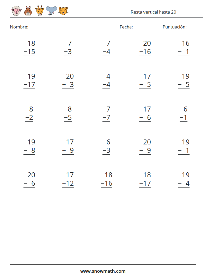 (25) Resta vertical hasta 20 Hojas de trabajo de matemáticas 2