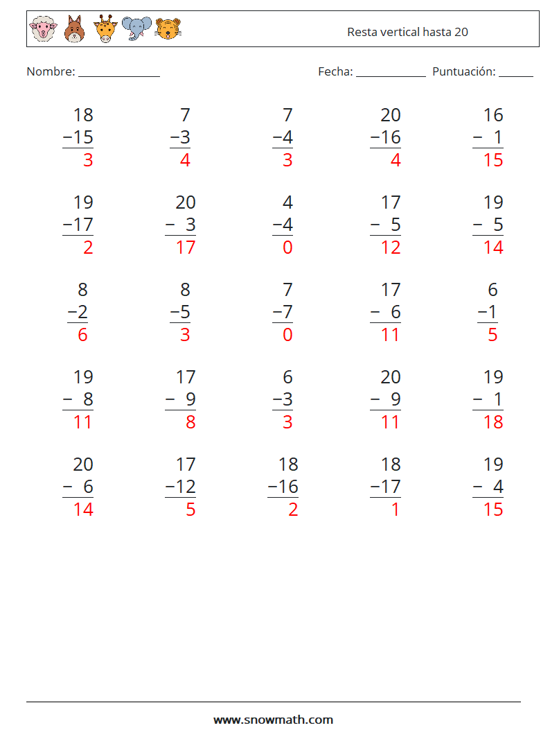 (25) Resta vertical hasta 20 Hojas de trabajo de matemáticas 2 Pregunta, respuesta