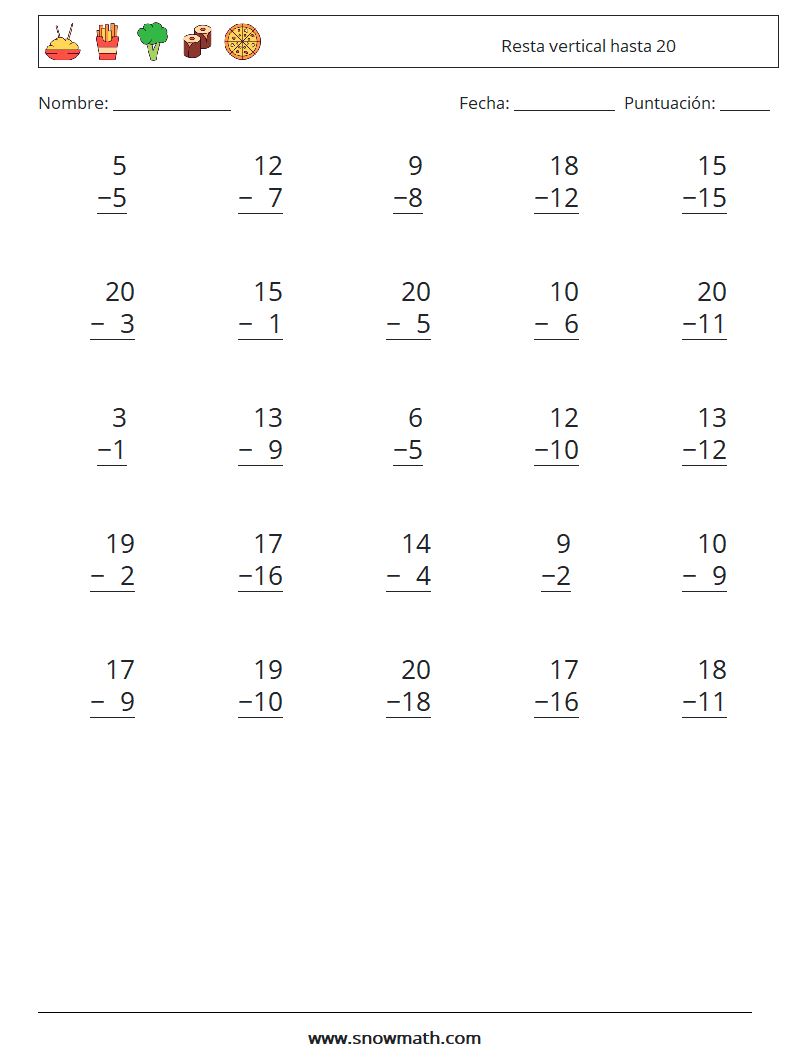 (25) Resta vertical hasta 20 Hojas de trabajo de matemáticas 4