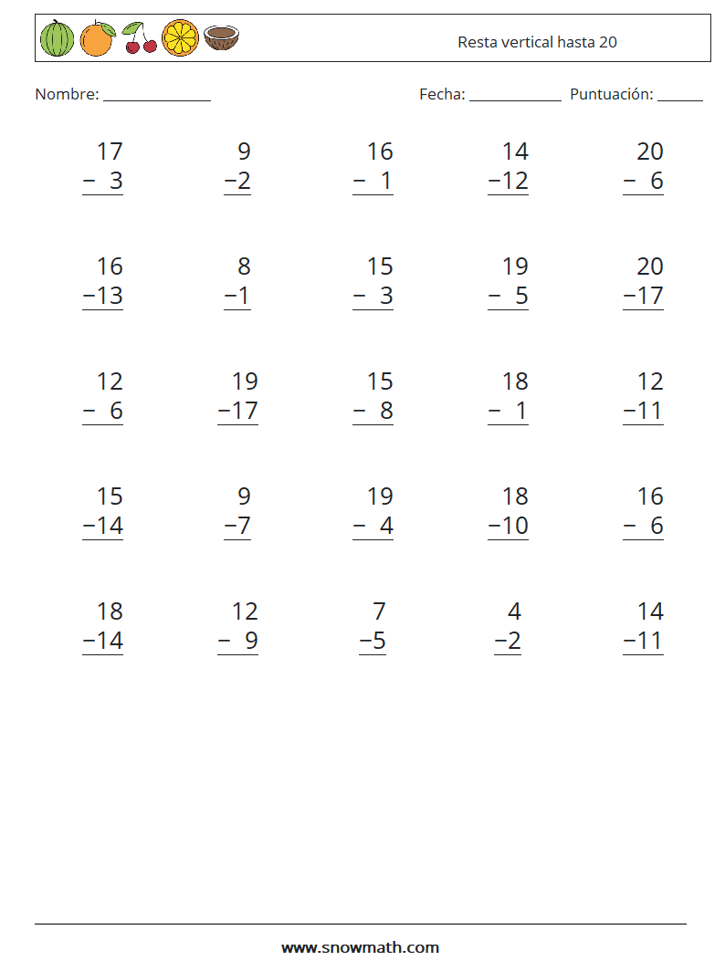 (25) Resta vertical hasta 20 Hojas de trabajo de matemáticas 6