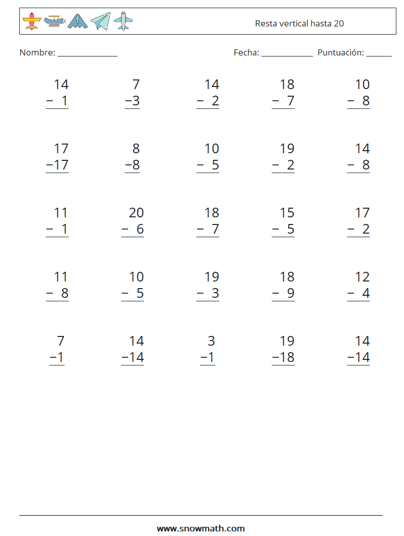 (25) Resta vertical hasta 20 Hojas de trabajo de matemáticas 8