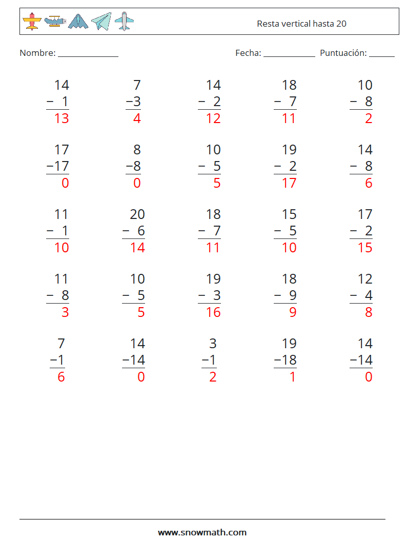 (25) Resta vertical hasta 20 Hojas de trabajo de matemáticas 8 Pregunta, respuesta