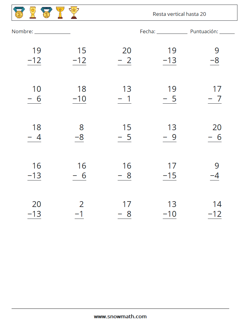 (25) Resta vertical hasta 20 Hojas de trabajo de matemáticas 9