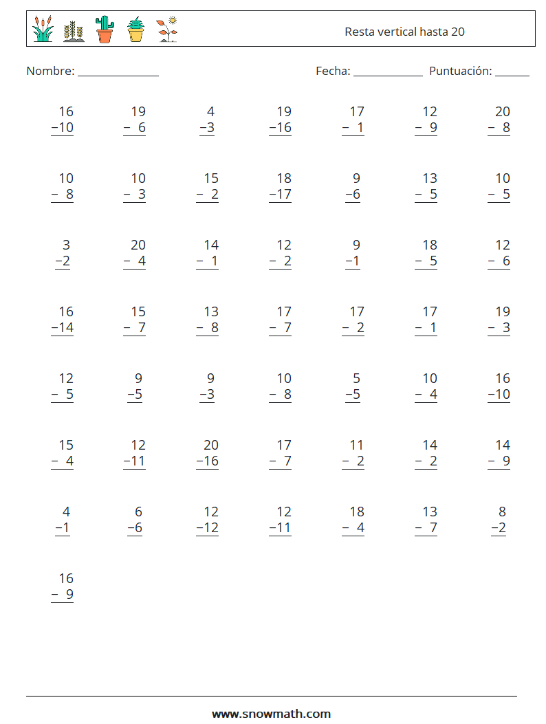 (50) Resta vertical hasta 20 Hojas de trabajo de matemáticas 10