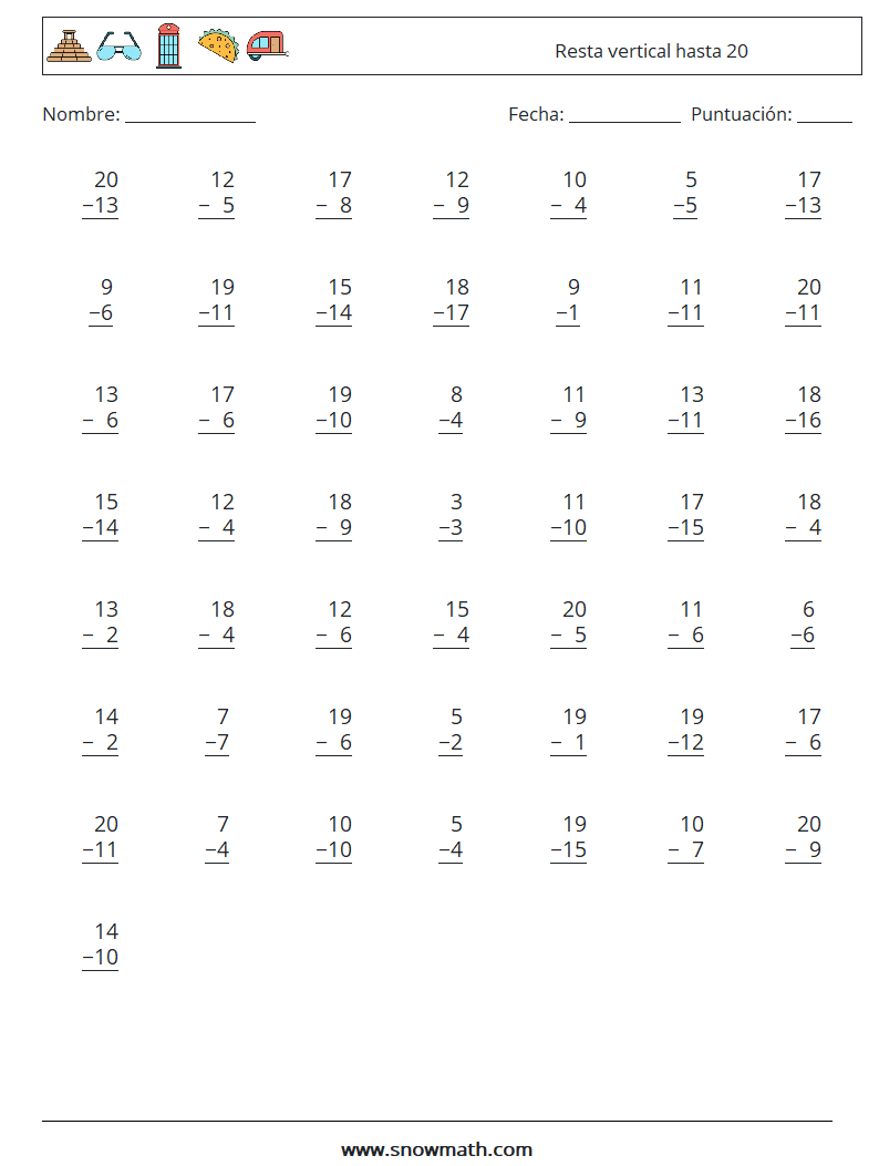 (50) Resta vertical hasta 20 Hojas de trabajo de matemáticas 11