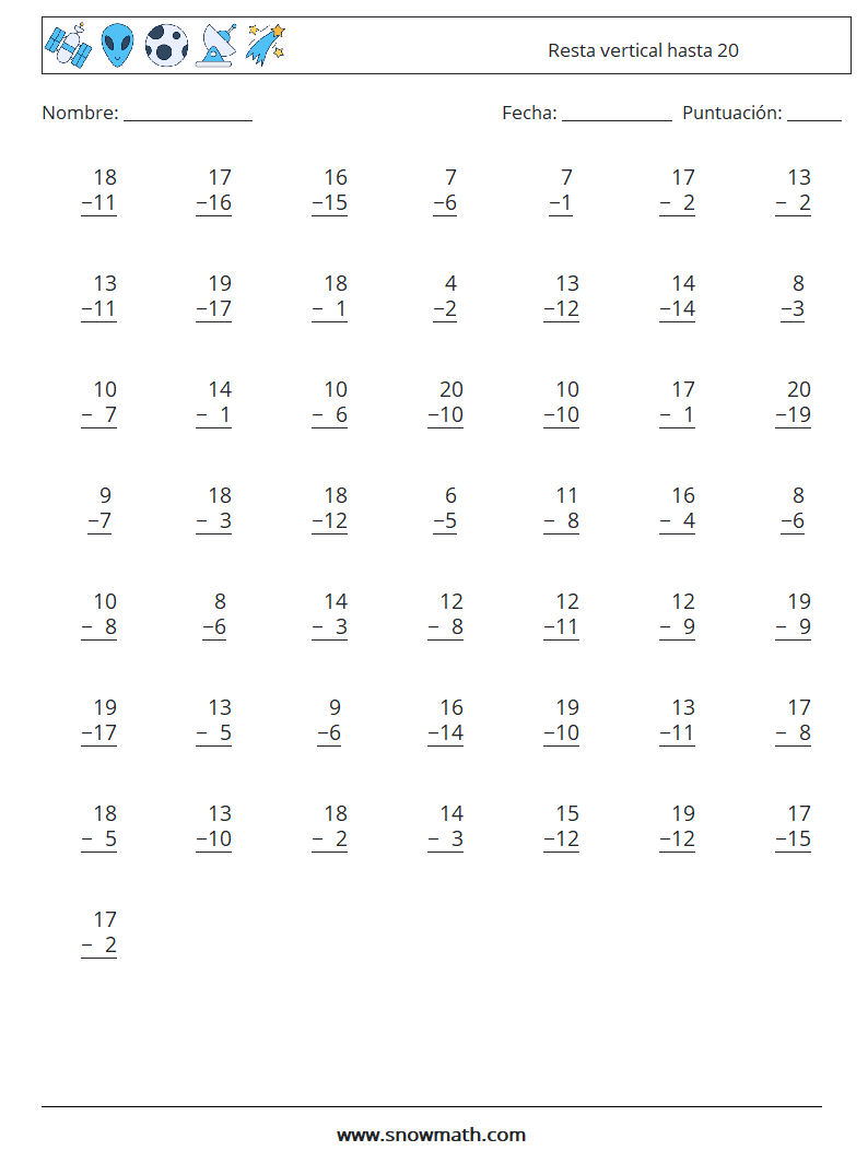 (50) Resta vertical hasta 20 Hojas de trabajo de matemáticas 12