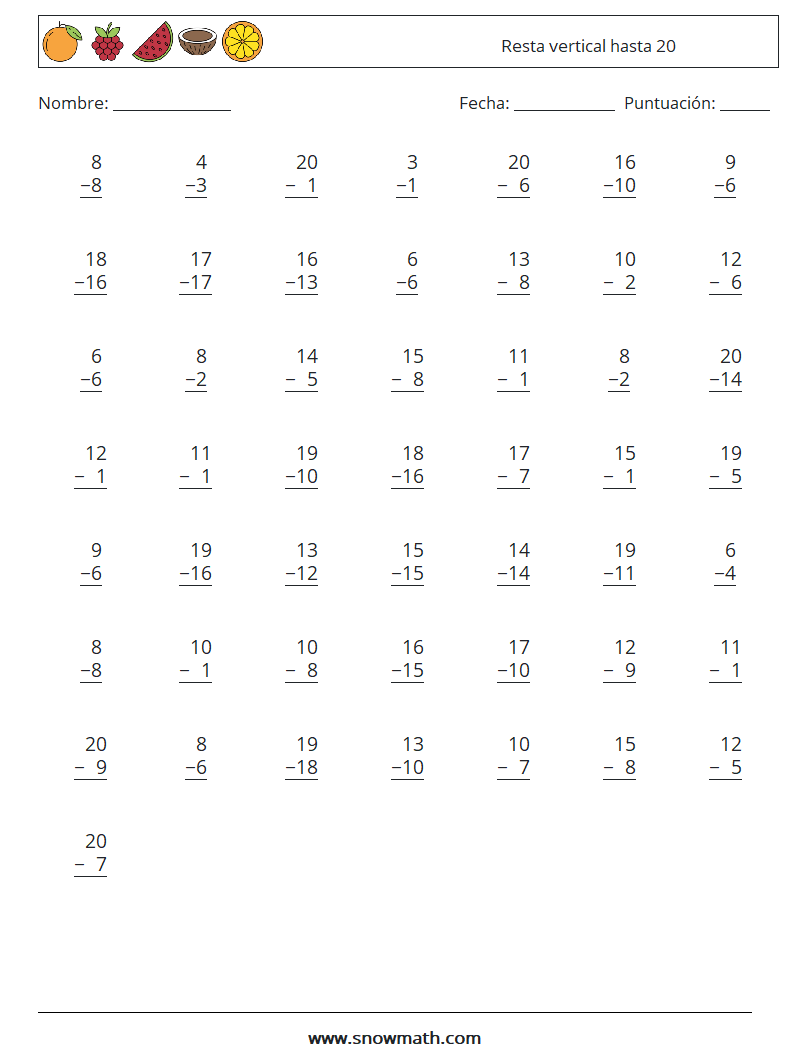 (50) Resta vertical hasta 20 Hojas de trabajo de matemáticas 13