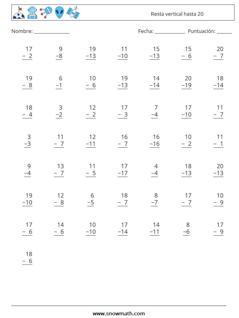 (50) Resta vertical hasta 20 Hojas de trabajo de matemáticas 14