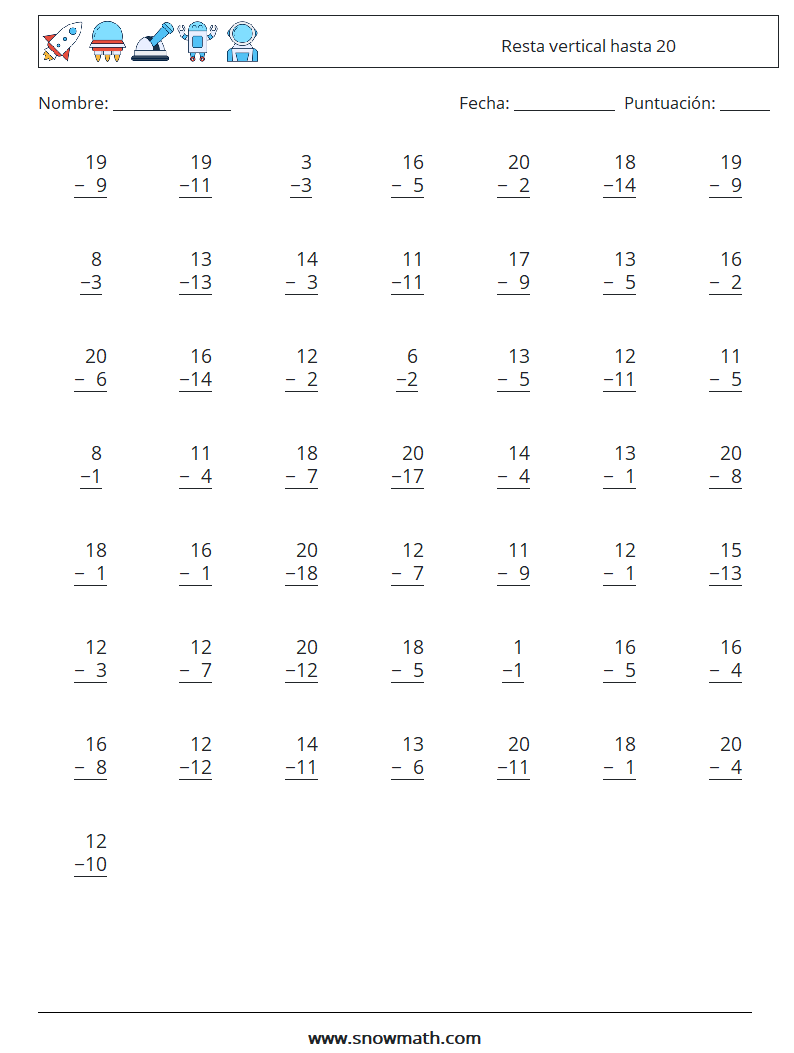 (50) Resta vertical hasta 20 Hojas de trabajo de matemáticas 15