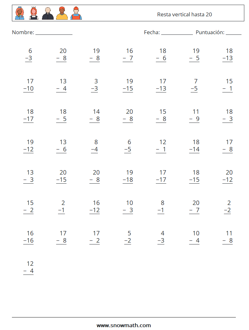 (50) Resta vertical hasta 20 Hojas de trabajo de matemáticas 16