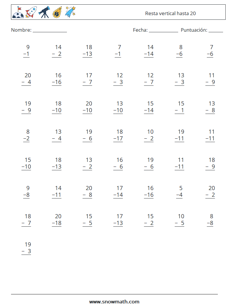 (50) Resta vertical hasta 20 Hojas de trabajo de matemáticas 18