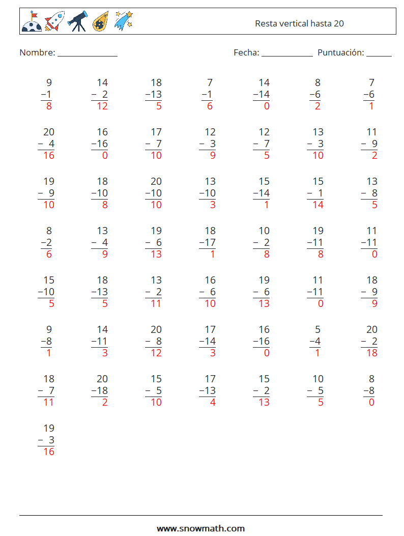 (50) Resta vertical hasta 20 Hojas de trabajo de matemáticas 18 Pregunta, respuesta