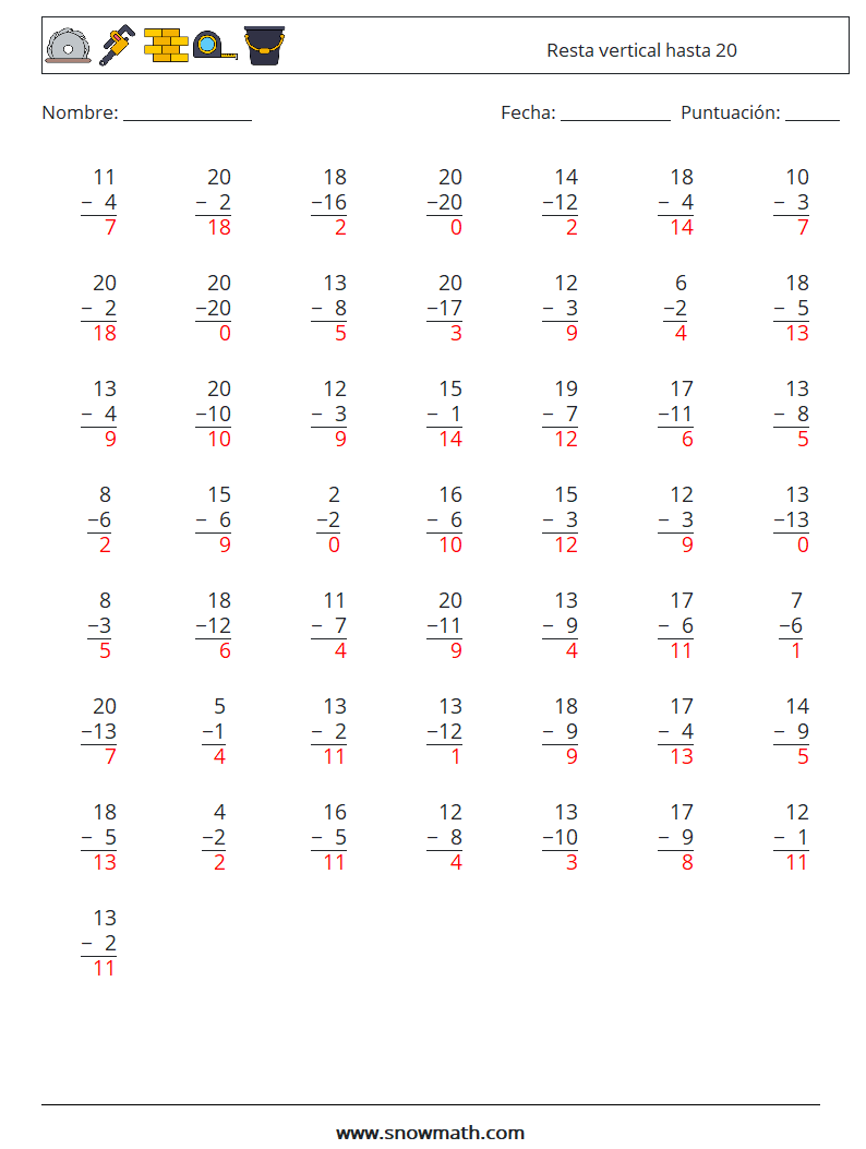(50) Resta vertical hasta 20 Hojas de trabajo de matemáticas 1 Pregunta, respuesta