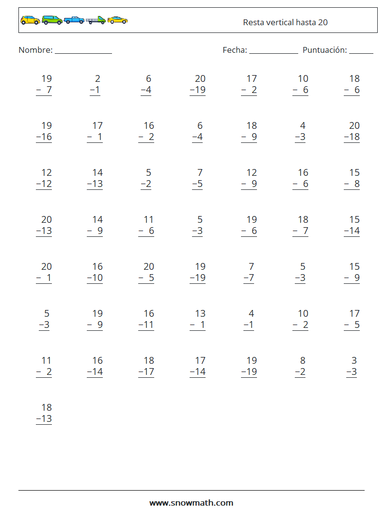 (50) Resta vertical hasta 20 Hojas de trabajo de matemáticas 2