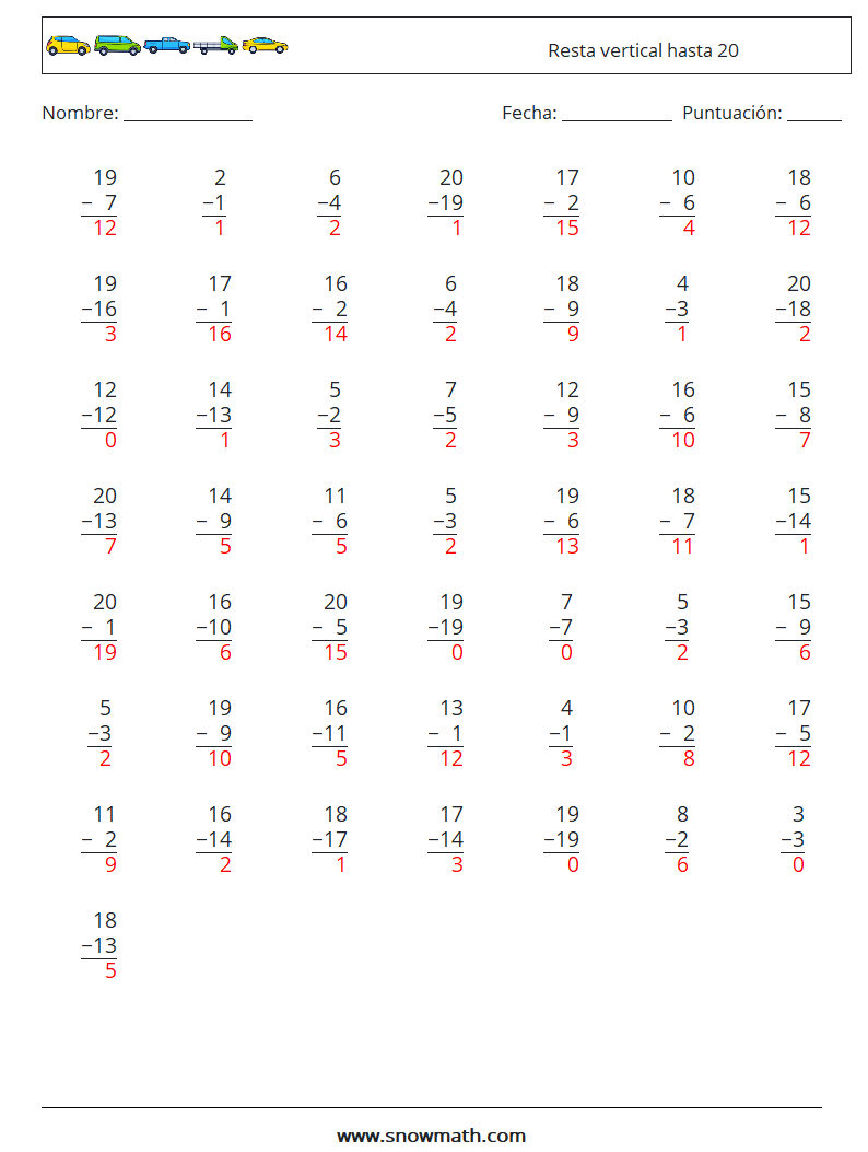 (50) Resta vertical hasta 20 Hojas de trabajo de matemáticas 2 Pregunta, respuesta
