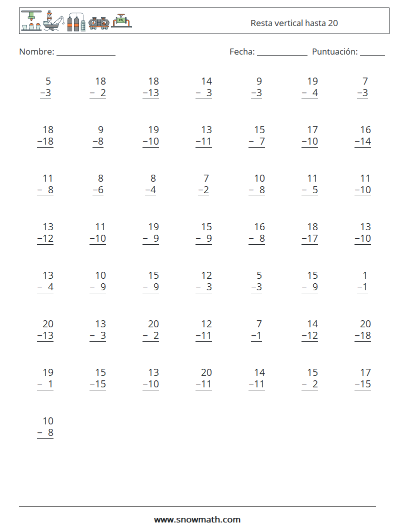 (50) Resta vertical hasta 20 Hojas de trabajo de matemáticas 3