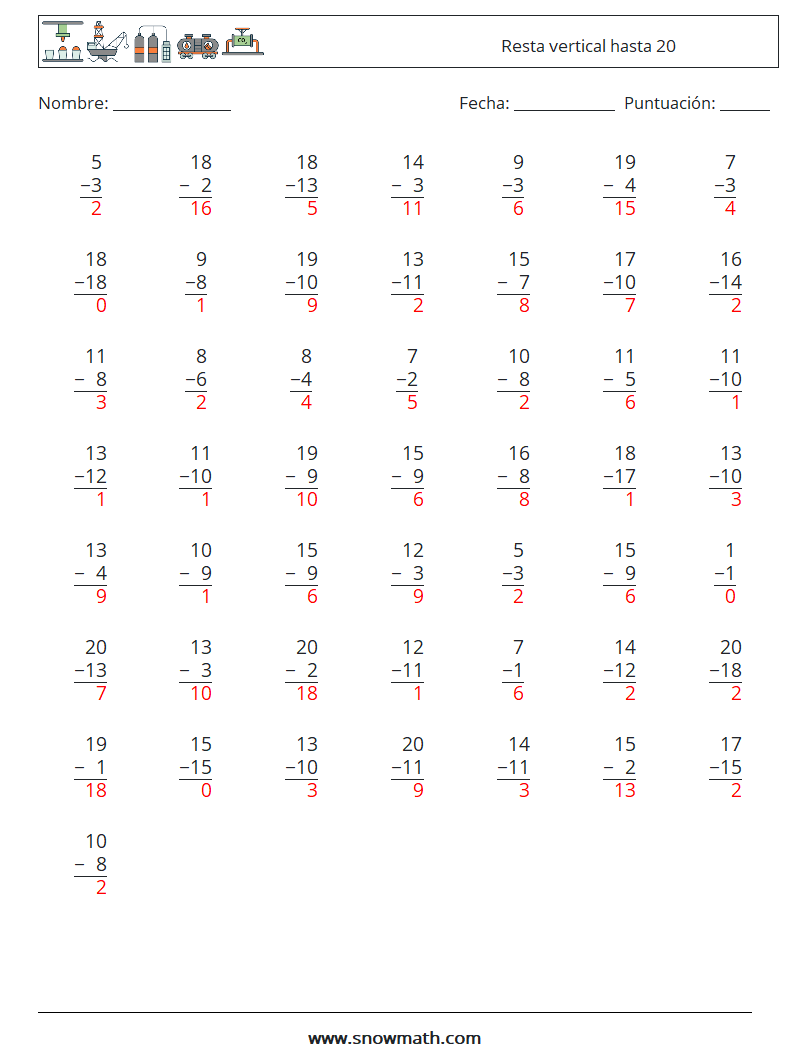 (50) Resta vertical hasta 20 Hojas de trabajo de matemáticas 3 Pregunta, respuesta