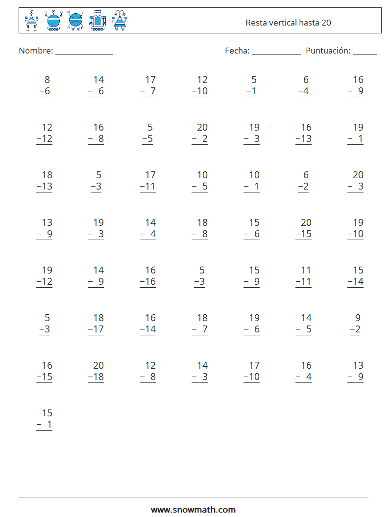 (50) Resta vertical hasta 20 Hojas de trabajo de matemáticas 4