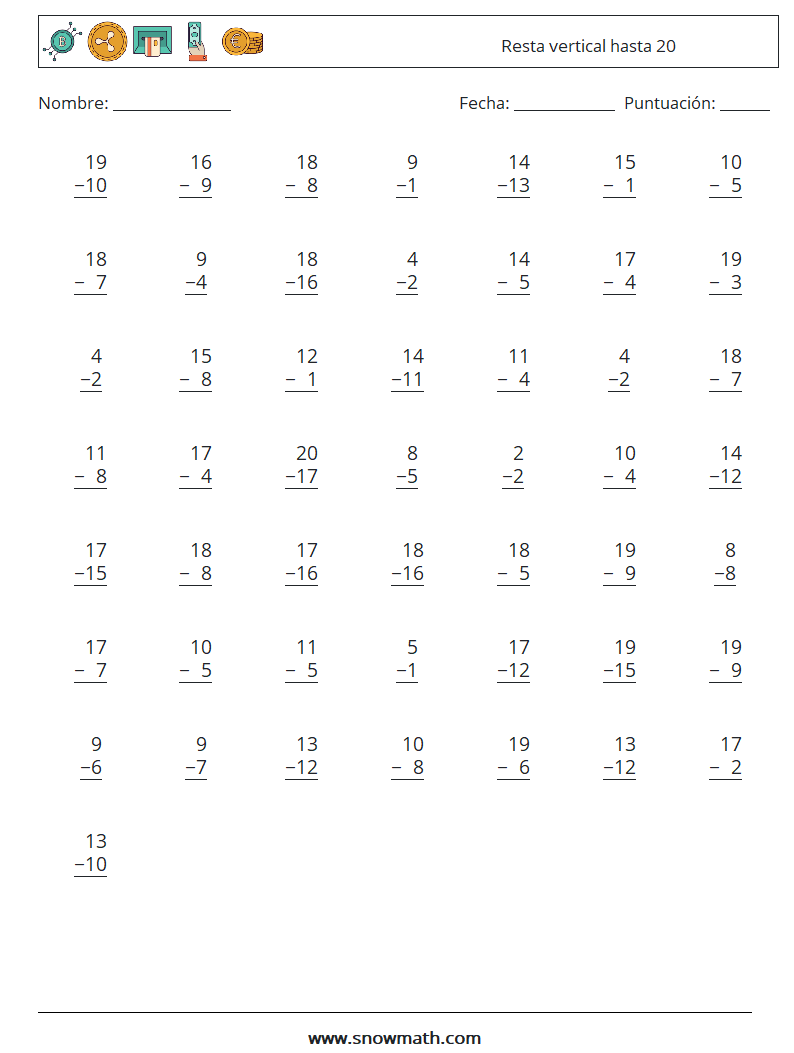 (50) Resta vertical hasta 20 Hojas de trabajo de matemáticas 5