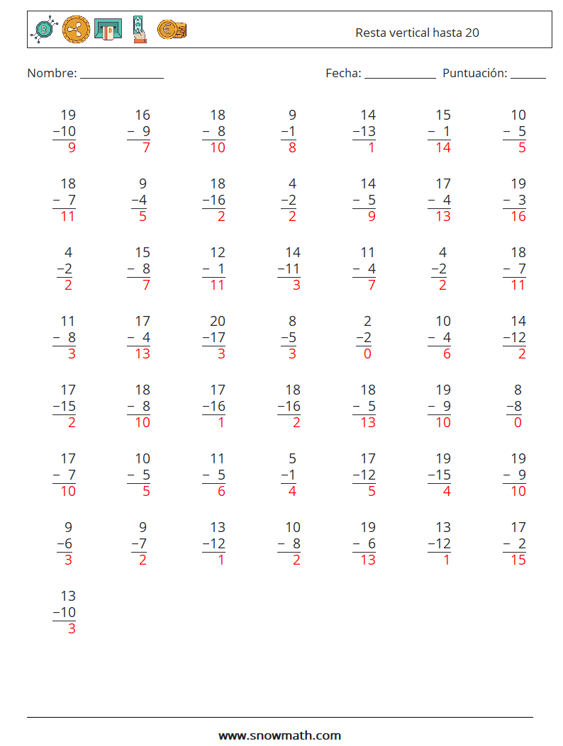 (50) Resta vertical hasta 20 Hojas de trabajo de matemáticas 5 Pregunta, respuesta